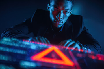 A young man in a suit intensely interacts with a glowing, high tech interface featuring vibrant red and blue lights, creating a captivating atmosphere.