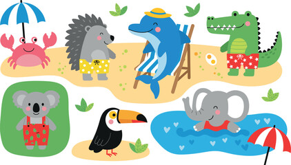 Fototapeta premium Set of cute animals enjoying summer beach vacation, kawaii dolphin elephant and crocodile vector illustration