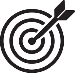 Minimalist black logo icon of a target with dart hitting center, goal achievement concept silhouette vector illustrations