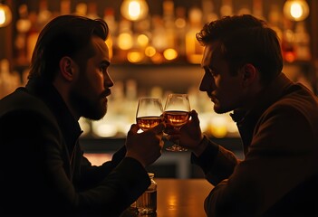  Two friends enjoying a whiskey toast in a dimly lit bar