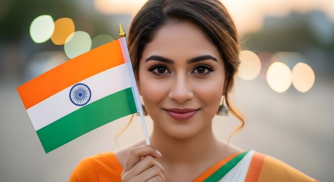 Confident Indian Woman Holding National Flag  Elegant Patriotic Portrait
