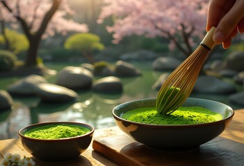 Preparing a serene bowl of traditional Japanese matcha tea.