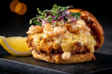 Close-up of gourmet shrimp burger with melted cheese and microgreens