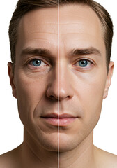 Caucasian man's face split vertically: one half elderly and wrinkled, the other youthful and smooth, against a beige studio background with copy space. Concept of anti-aging and youth restoration