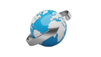 Silver Arrow Circling Blue and White Globe isolated on a transparent background earth metallic