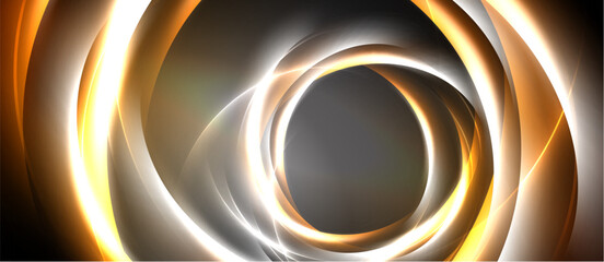 Abstract concentric circles, vibrant orange, white, silver hues. Dynamic swirling lines create depth, modern design. Dark background emphasizes luminosity.