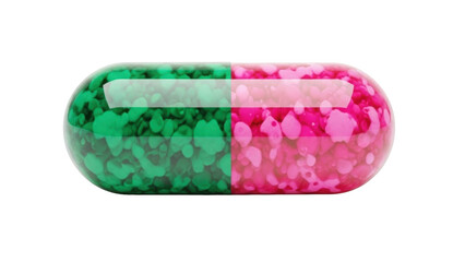 Translucent Capsule Divided Green and Pink Contents isolated on a transparent background pill