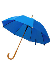 An open deep blue nylon umbrella with light wooden shaft and handle, standing on a pristine transparent background with copy space. Concept for elegant weather protection advertising