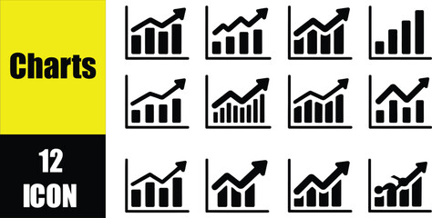 Collection of 12 black and white chart icons with arrows