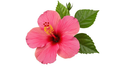 Vibrant Pink Hibiscus Flower with Green Leaves isolated on a transparent background
