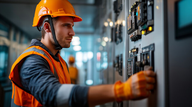 Faceless worker in orange safety vest and helmet monitoring machinery controls, industrial setting, safety and technology in workplace, professional operator, with copy space
