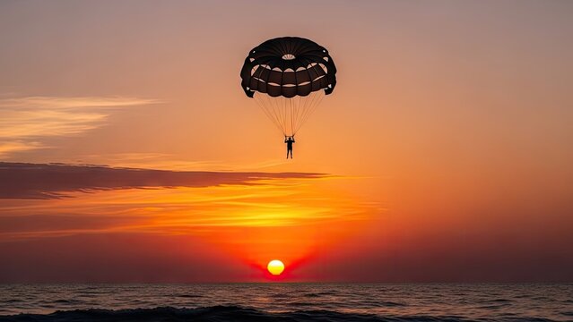 Parasailor soaring above ocean at vibrant sunset
