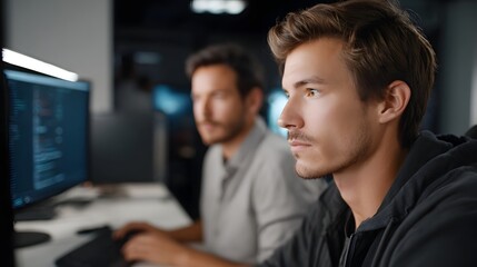 Two focused male programmers intensely working on computer code illuminated by monitor screens in a dimly lit modern office workspace