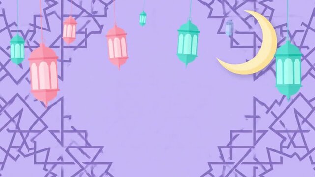 Ramadan Kareem greeting with hanging lanterns and crescent moon on a purple patterned background