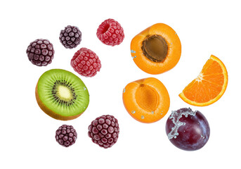 Fresh frozen blackberries, red raspberries, kiwi, apricot, plum, tangerine segments suspended with dynamic water splashes on white with copy space, high-key studio lighting. Concept for refreshing