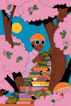 Colorful Spring Blossom Celebration with Books and Playfulness