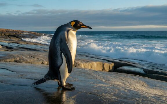 King penguin standing on a rocky shoreline during golden sunset with crashing ocean waves - Powered by Adobe