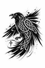 Intricate Black and White Raven Tattoo Design with Celtic Patterns