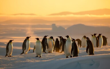 Colony of emperor penguins gathered on the ice during a vibrant orange sunset in Antarctica
