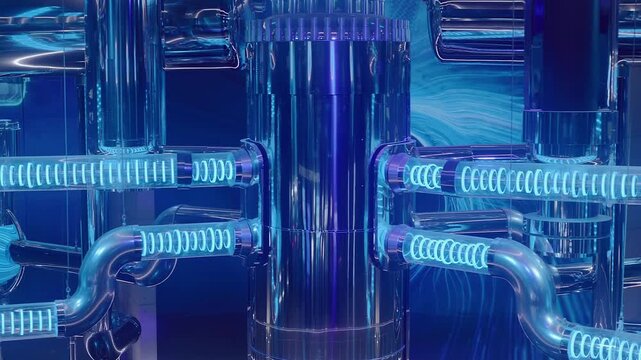 Nuclear power plant structure on the screen using computer graphics. Shot in motion