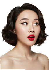 Young East Asian woman, dark bob, red lipstick, bare-shouldered, looking right with wide eyes, surprised and joyful in studio on white background with copy space, high fashion beauty concept