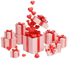 Pink present box opening with many red hearts flying out for valentines