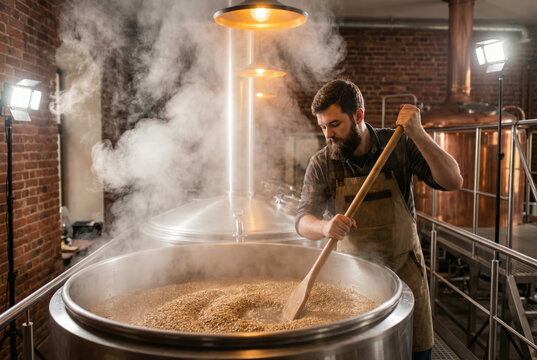 Maestro cervecero preparando cerveza artesanal en tanque de cocci&oacute;n
