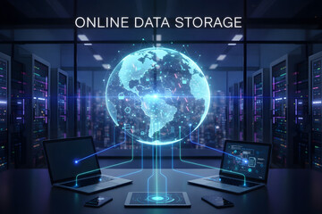 Digital representation of online data storage featuring globe connected to laptops and smartphones, symbolizing global connectivity and technology