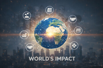 World impact visualizes global connections and progress, showcasing growth, collaboration, and health through various icons