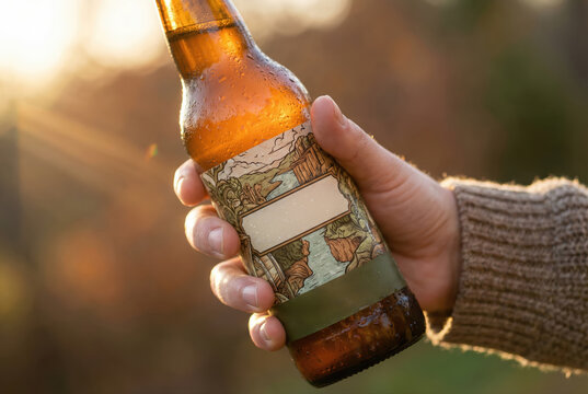 Botella de cerveza artesanal con etiqueta ilustrada sostenida al atardecer