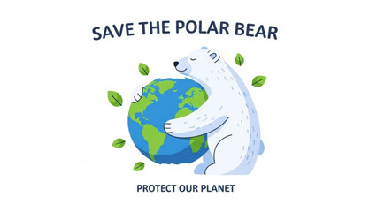 A polar bear hugging the earth surrounded by leaves on a white background with a message to save the polar