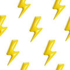 3d lightning vector yellow flash seamless pattern in realistic plastic style isolated on white background. Vector background texture