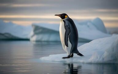Fototapeta premium King penguin standing on the edge of an ice floe with massive icebergs and calm water