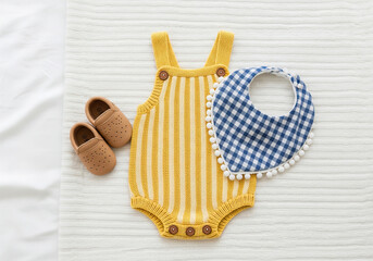 Yellow striped knit jumpsuit on a white textile background, blue checkered bandana apron, and baby shoes.