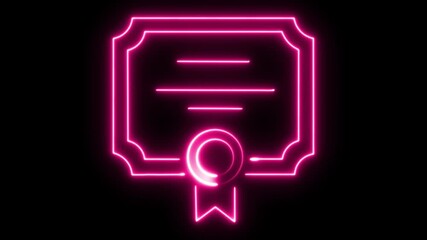 Neon pink certificate icon with glowing lines on black background
