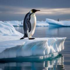 Obraz premium Emperor penguin looking out over the ocean from the edge of a melting white iceberg