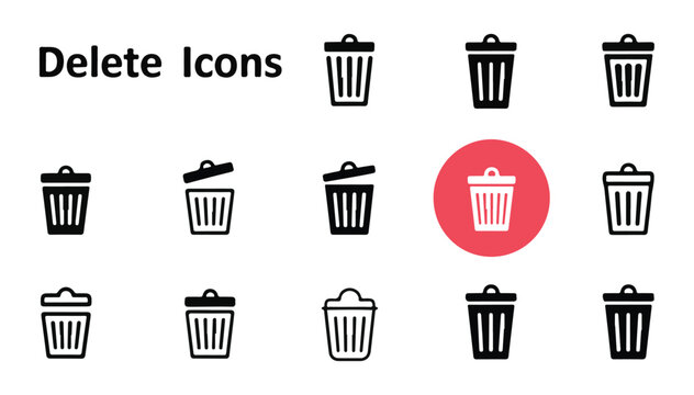Vector trash can and delete icon set for web and mobile UI interface design
