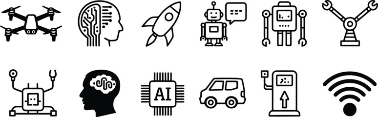 Collection of black and white technology and innovation icons