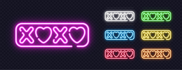 Neon illustration of XOXO with hearts in six glowing versions, perfect for love, greetings or Valentines design.