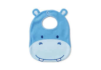 Baby bib made of soft towel fabric with a blue hippopotamus design, isolated on a white background.