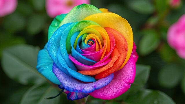 Vibrant rainbow rose with water droplets in lush garden setting