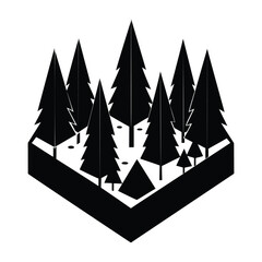 Silhouette of a forest with pine trees in a 3d box shape on a white background