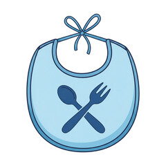 Illustration of a blue baby bib with a tie, featuring a crossed fork and spoon symbol in the center. Clean and graphic design.