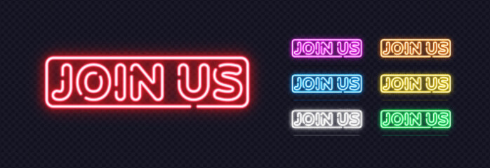 A colorful set of neon join us signs glows with bright light and creates an inviting mood. The vibrant palette adds a modern and energetic feel.