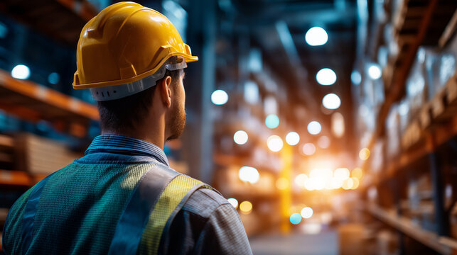 Faceless worker in safety helmet looking towards brightly lit warehouse, industrial environment with shelves and bokeh lights, facility overview, with copy space