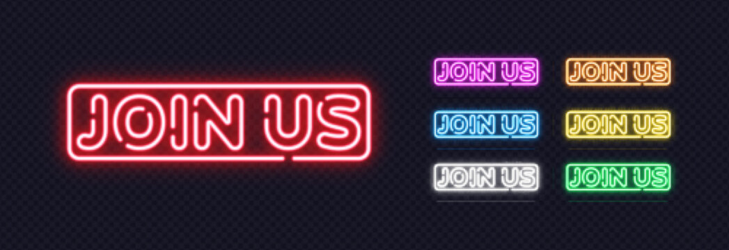 A colorful set of neon join us signs glows with bright light and creates an inviting mood. The vibrant palette adds a modern and energetic feel.