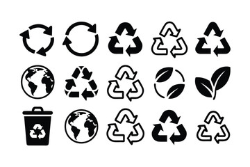 Collection of eco friendly symbols and logos including recycling icons and silhouette