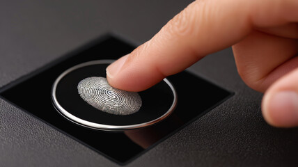 Hand pressing fingerprint on digital touchscreen for safe security access
