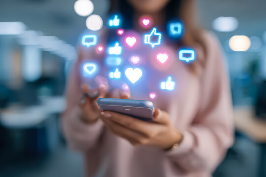 A person interacts with a smartphone, surrounded by floating social media icons like likes and hearts, symbolizing digital engagement. - Powered by Adobe