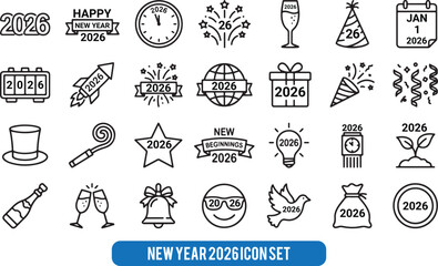 New Year 2026 Celebration Icon Set. Editable line icons. Vector illustration.